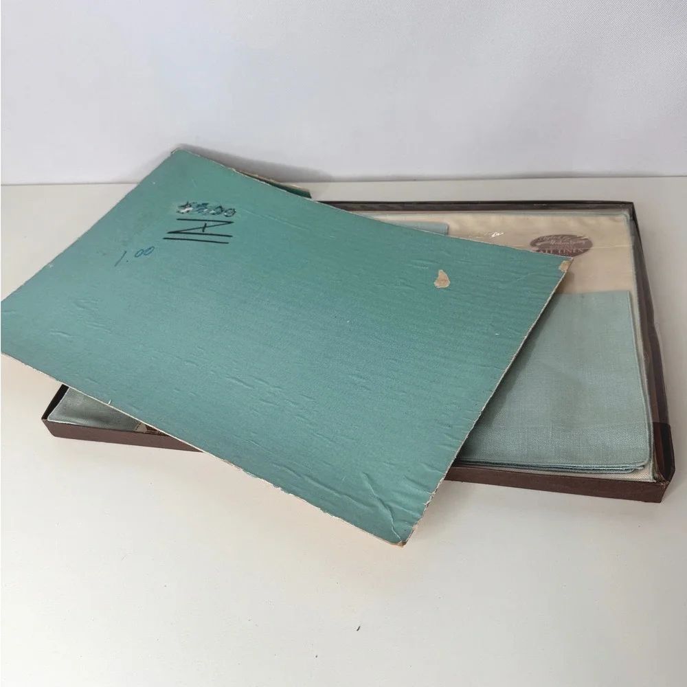 MODERN LIVING Vtg MCM Linen Napkins Placemats Set‎ of 4 Nib But Dirty Teal Cream